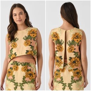 FARM RIO Women’s Size L Floral Print Linen Delicate Flower Arabesques Crop Top